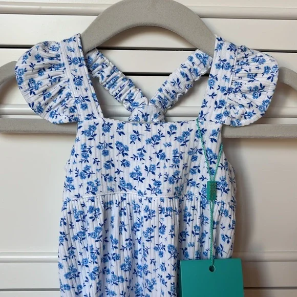 ❌SOLD❌ NWT Posh Peanut Baby Girl Blue & White Floral Ruffle Bubble Romper 0-3M - Picture 2 of 11
